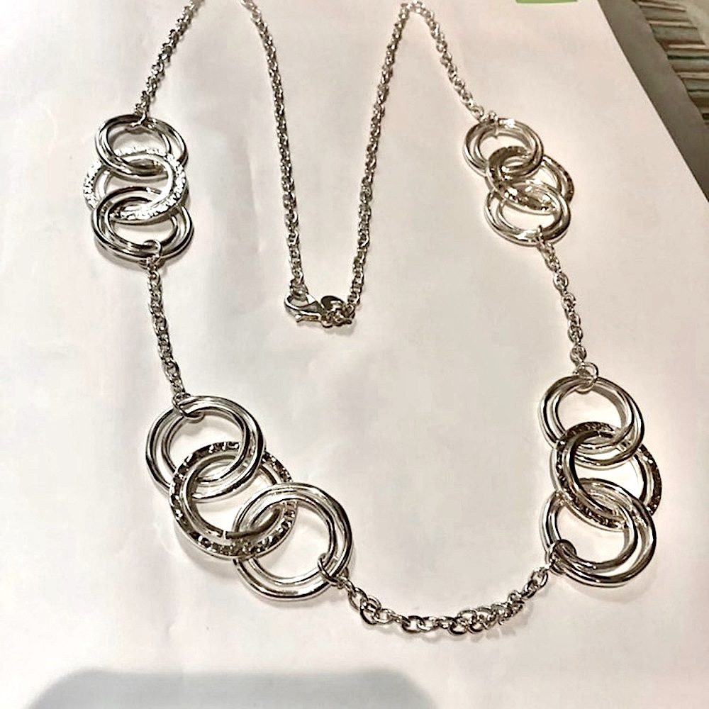 Stunning Necklace. Silver Tone. Circles on chain. Long Necklace